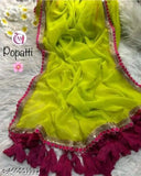 Yellow, embroidered georgette saree with lace border, fringes, and embellishments