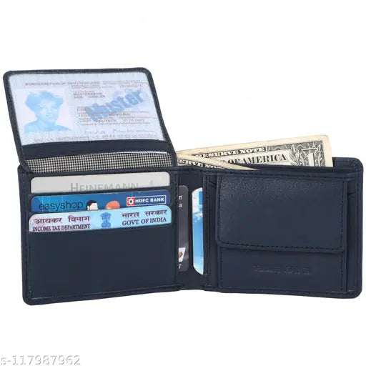 Blue soft genuine leather men's wallet, regular size with 6 card slots and 2 compartments, from Crane Leathers