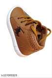 The image is of a pair of brown casual shoes with yellow laces, designed in a low-top style