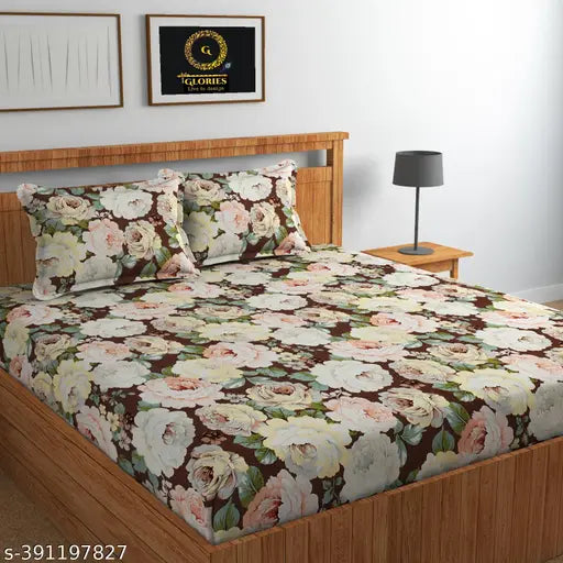 White polycotton fitted double Florigbedsheet, floral print, 2 pillow covers, ideal for summer, adult use