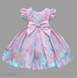 Yellow satin kids long frock with short sleeves, printed pattern, suitable for 2-3 years old