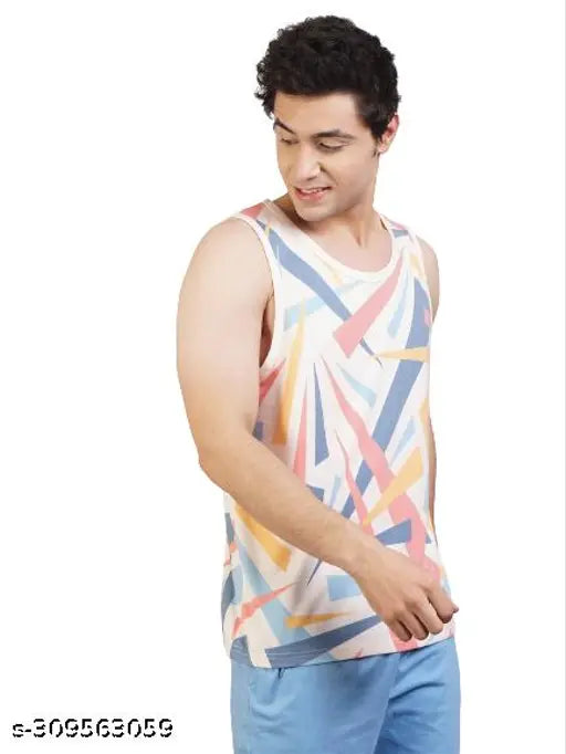 Cotton blend sleeveless, printed net men's t-shirt, comfy designer apparel from India