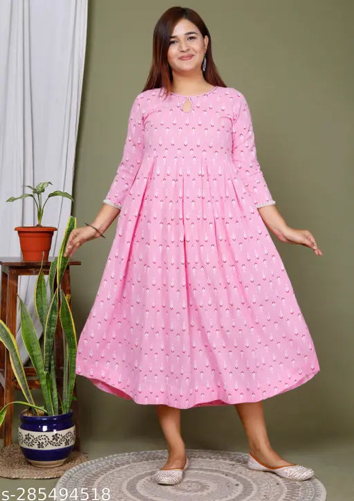 Printed rayon O neck hem gown with three-quarter sleeves, multicolor geometric design