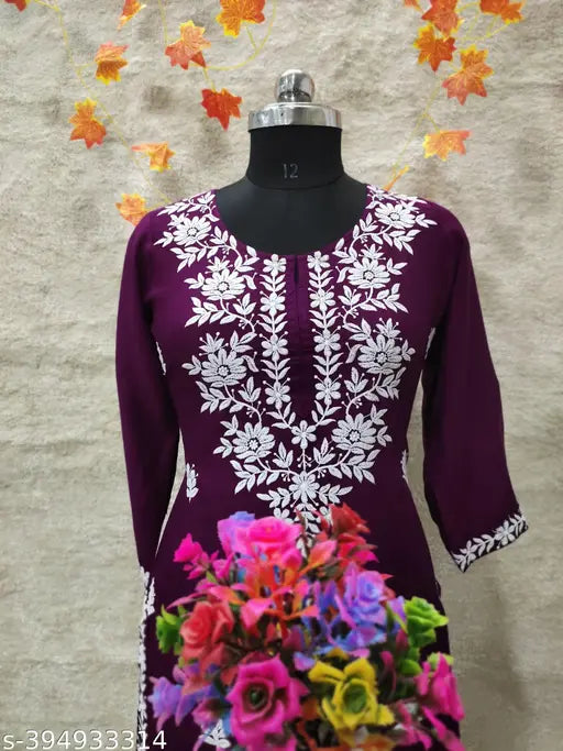 Slub rayon 2-piece set: embroidered net kurti and pants, single size L (Bust 40in, Shoulder 15in, Waist 36in, Length 42in)