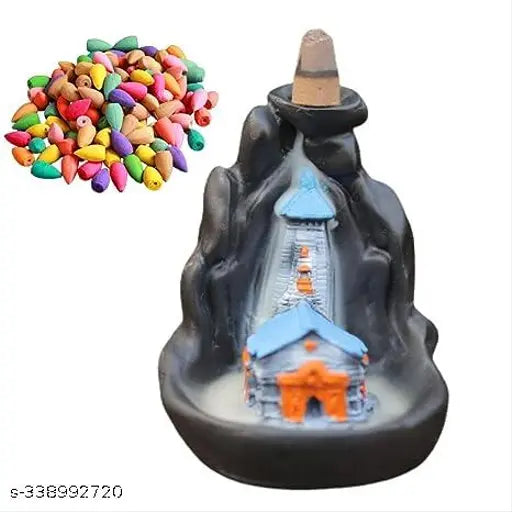Handcrafted polyresin Kedarnath temple with Mahadev idol, featuring 51 free backflow incense cones
