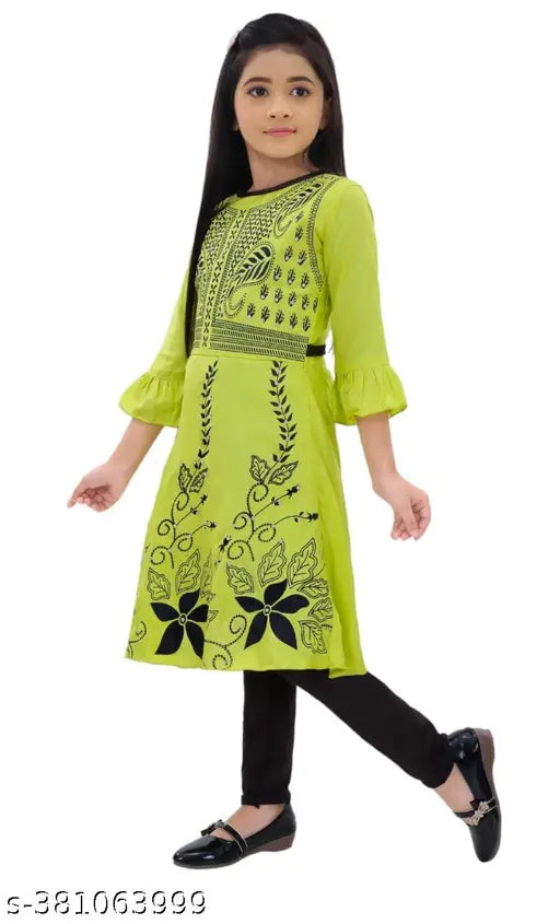 Girls cotton party frock set with leggings, featuring an anarkali top and pyjama bottoms in a printed design. Ideal for kids' parties, available in sizes 4-5 years to 8-9 years. Indian origin