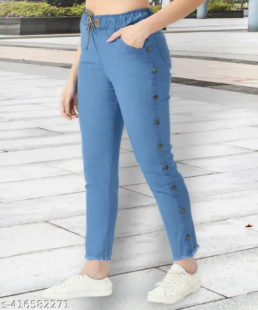 Blue stretchable side buttoned premium denim jogger jeans with a baggy cut and elasticated waist, suitable for girls and plus size women