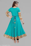 Aqua blue viscose rayon long-sleeve Anarkali kurti with solid border, ideal for daily use or special occasions