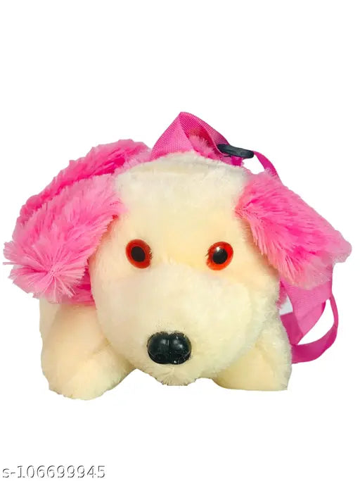 Pink and white stuffed dog with fuzzy fur in a waist bag