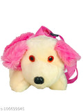 Pink and white stuffed dog with fuzzy fur in a waist bag