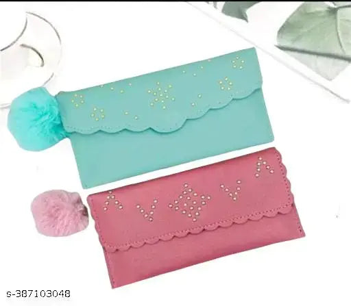 Purple fabric envelope clutch with ruffled edging, turquoise pompom embellishment and name tag, 2 compartments