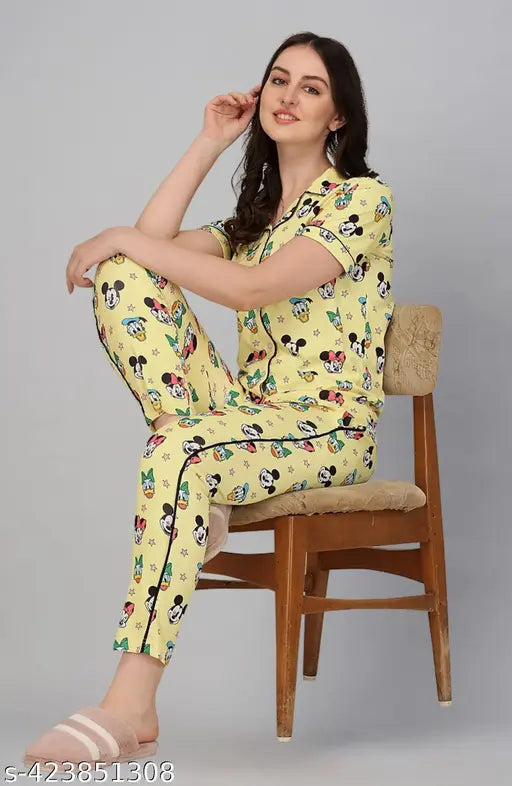 Women's yellow printed polycotton shirt and pyjama set, stylish half-sleeve top and matching bottoms with elastic waistband