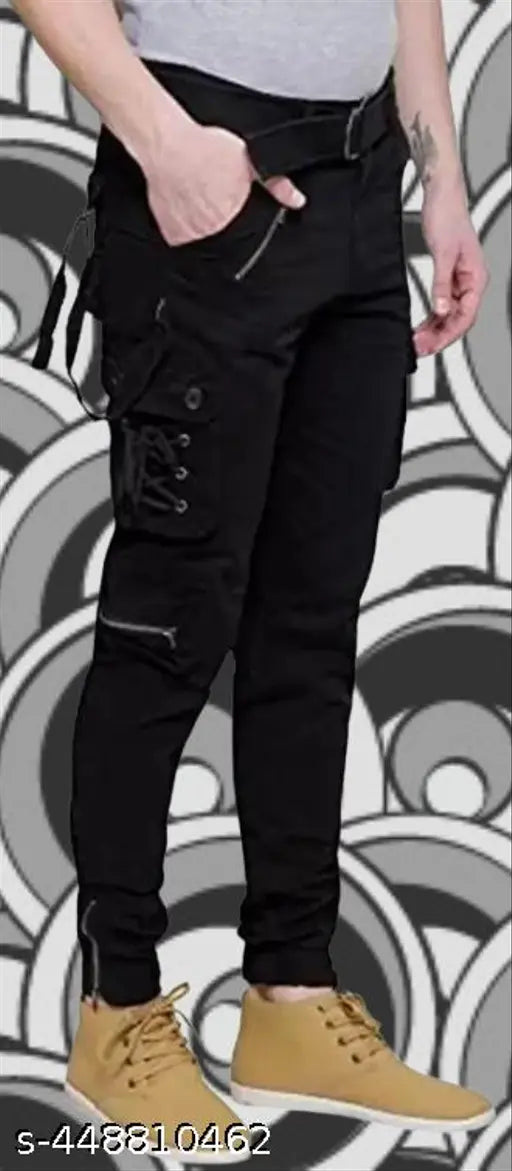 Black cargo pants with multiple pockets, black belt loops