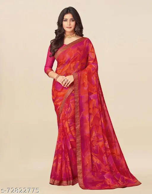 Hot Pink Chiffon Printed Multi Saree, free size, India-made