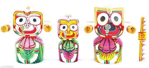 Wooden Real Craft Lord Jagannath Idol Set (20cm) with Sudarshan Chakra, Indian spiritual artifact