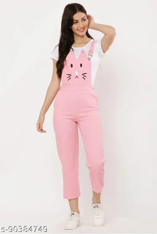 Classic pink denim dungaree with short sleeves on model