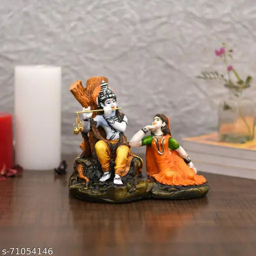 Multicolor Polyresin Lord Krishna Idol, intricately handcrafted Indian god statuette with a length of 12.5 cm, height of 15 cm, and breadth of 11.5 cm