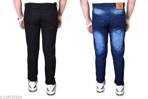Attractive denim jeans pack for men (2pcs), solid indigo, size options 30x42in, 32x42in (India-made)