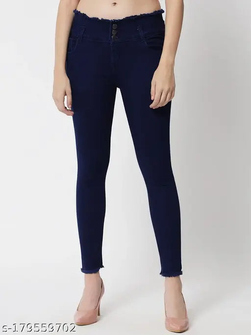Dark denim slim fit women's jeans with frayed hem and three button closure
