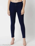 Dark denim slim fit women's jeans with frayed hem and three button closure