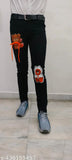 Men's black denim jeans with two teddy bear patches