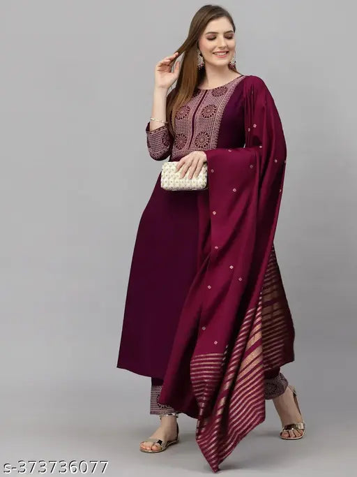 Embroidered cotton kurta set with dupatta and cotton blend pants for women, solid color in Indian traditional style
