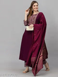 Embroidered cotton kurta set with dupatta and cotton blend pants for women, solid color in Indian traditional style