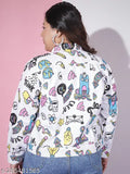 White cotton blend toko twill plus size printed women's jacket, long sleeves, collared style, button closure, regular fit. Model (height 5'7) wears size 3XL