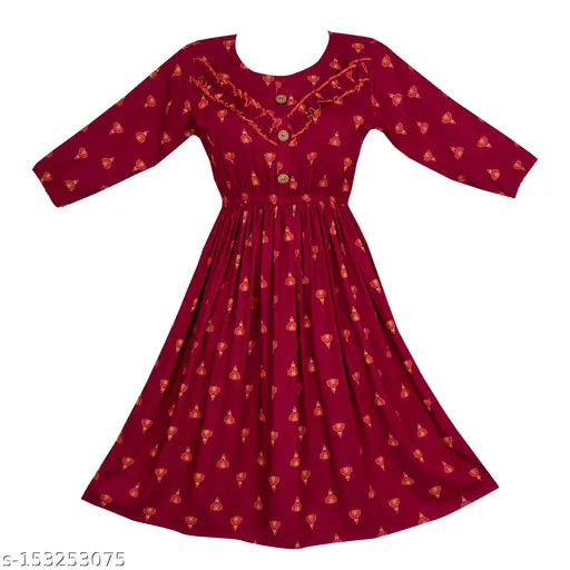 Rayon printed kurti, long sleeves, vibrant Indian fashion for teens (size 11-12, bust 32in, length 38in)