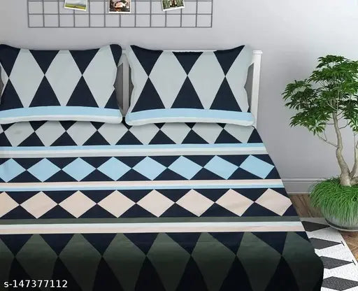 Elastic cotton double bedsheet with 2 pillow covers, premium geometric prints, ideal for summer, fits up to mattress