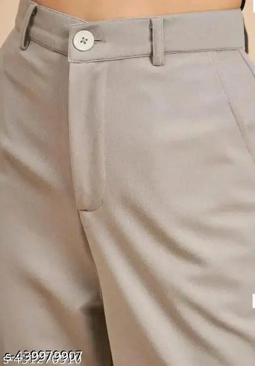 Gray cargo pants with side pockets and zipper closure