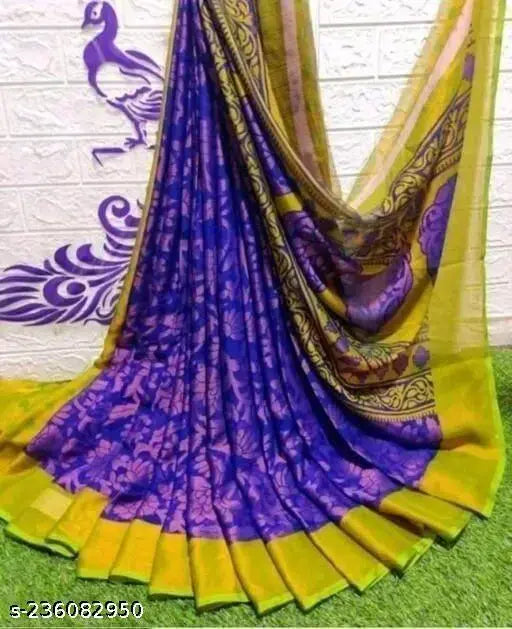 Blue Chiffon Brasso Unstitched Saree with Contrast Running Blouse, elegant Indian fashion for special occasions