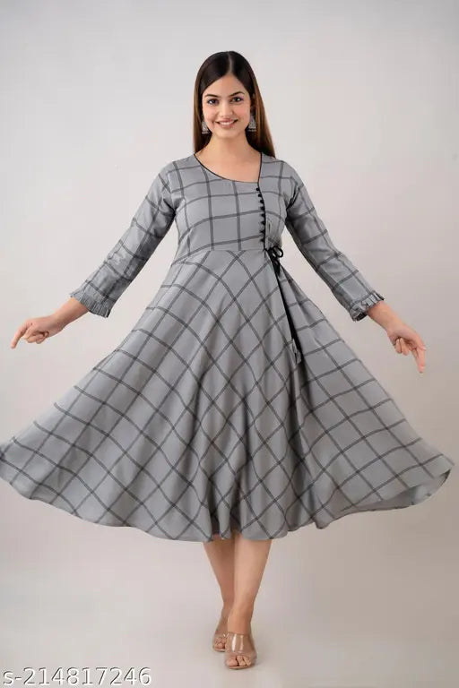 Grey rayon Anarkali kurta with checks print for office/party wear, ideal for card's party and weekend events