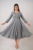 Grey rayon Anarkali kurta with checks print for office/party wear, ideal for card's party and weekend events