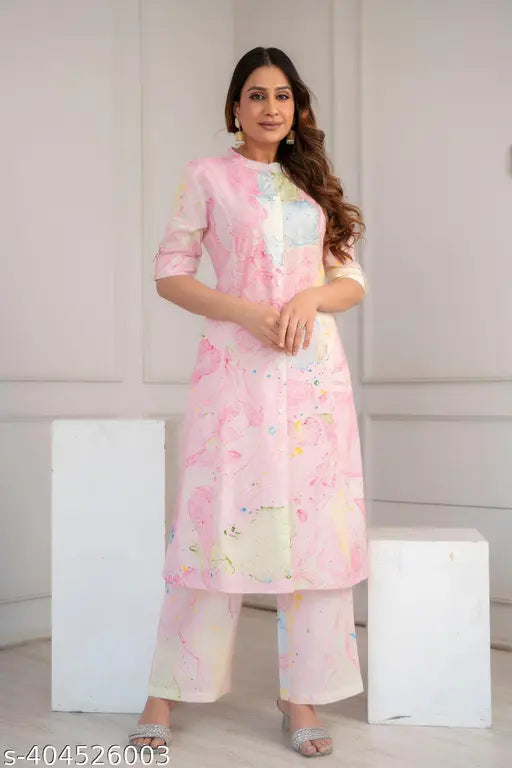 Women's cotton co-ord set, three-quarter sleeve A-line kurta with palazzos, dyed/washed net print, pure cotton, office wear, India origin