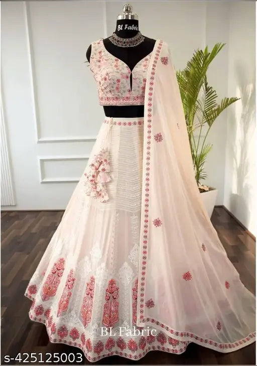 Embroidered Georgette women's heavy lehenga-choli set with semi-stitched (42in waist, 42in length) and free size (42in waist, 40in length), India