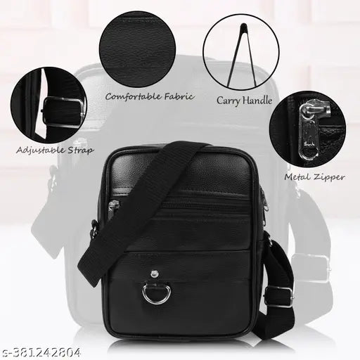 Bellira Men Stylish Massenger Bag - Black Leather with Adjustable Strap