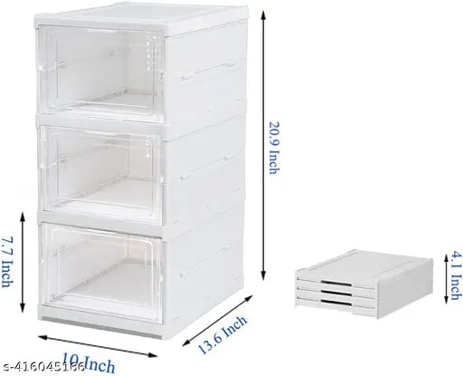 White plastic shoe organizer with clear doors, front foldable design, 3 tiers for efficient storage and organization