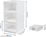 White plastic shoe organizer with clear doors, front foldable design, 3 tiers for efficient storage and organization