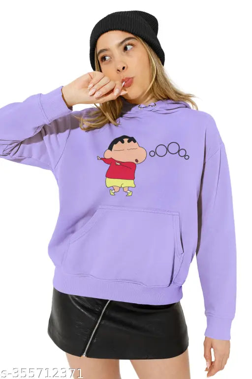 Lavender cotton Broke Memers Ooooo Shinchan printed hoodie for women, playful anime design on relaxed fit pullover
