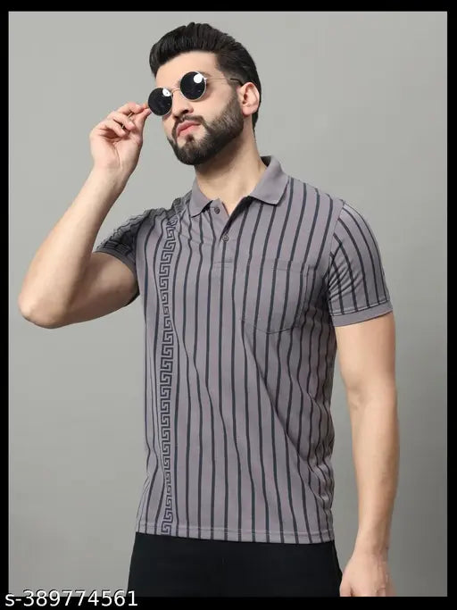 OGEN Mens striped cotton blend polo t-shirt, short sleeves, pocket on chest, straight hem
