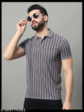 OGEN Mens striped cotton blend polo t-shirt, short sleeves, pocket on chest, straight hem
