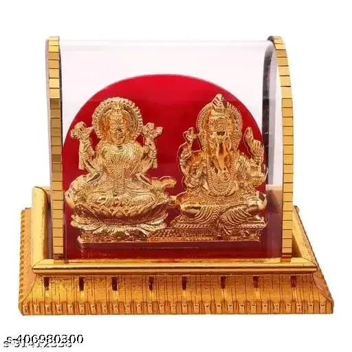 Gold-plated plastic Gv Metal Lord Ganesha and Maa Lakshmi idol, traditional Indian religious sculpture, dimensions: 3.5 x 4 x 3 inches