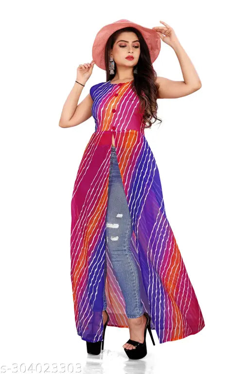Georgette printed kurtis, multi-colored lining, sleeveless, Indian origin, fashionable latest kurti sizes: S-8XL (42" length)