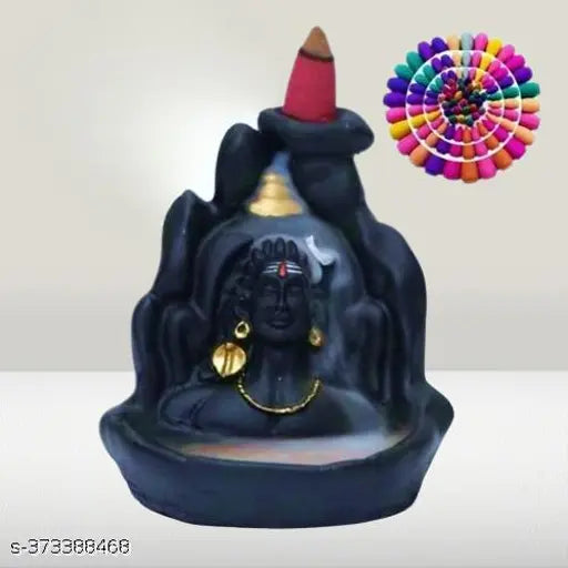Handcrafted marble dust idols of Lord Adiyogi Shiva Mahadev and Ganpati Ganesha, set of 51 incense cones. The polyresin idols are ornate and detailed