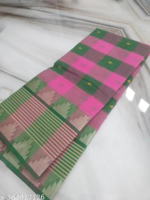 Hard cotton taant jacquard saree with embroidered printed net blouse, free size Indian fashion