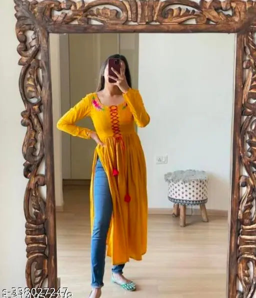 Yellow rayon three-quarter sleeve naira cut emb aari, single solid design, Indian handcrafted embroidery
