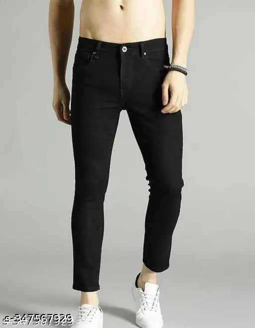 Black cotton Flaying Men jeans, plain style for men (size 28/30/32), displayed on a hanger