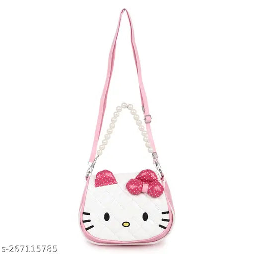 Cartoon crossbody hand purse with Hello Kitty design, adjustable strap, two pockets, one keychain, and includes a hairband and sunglasses pack