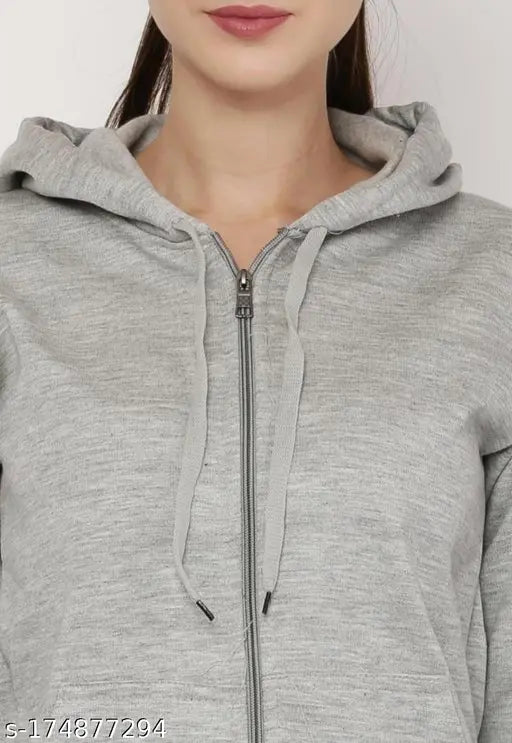 Grey/Black fleece casual zipper hoodie jacket for men or women, long sleeves and solid pattern
